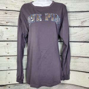 Victoria’s Secret PINK Love Pink Long Sleeve T-Shirt Gray Sequin Logo Women’s L
